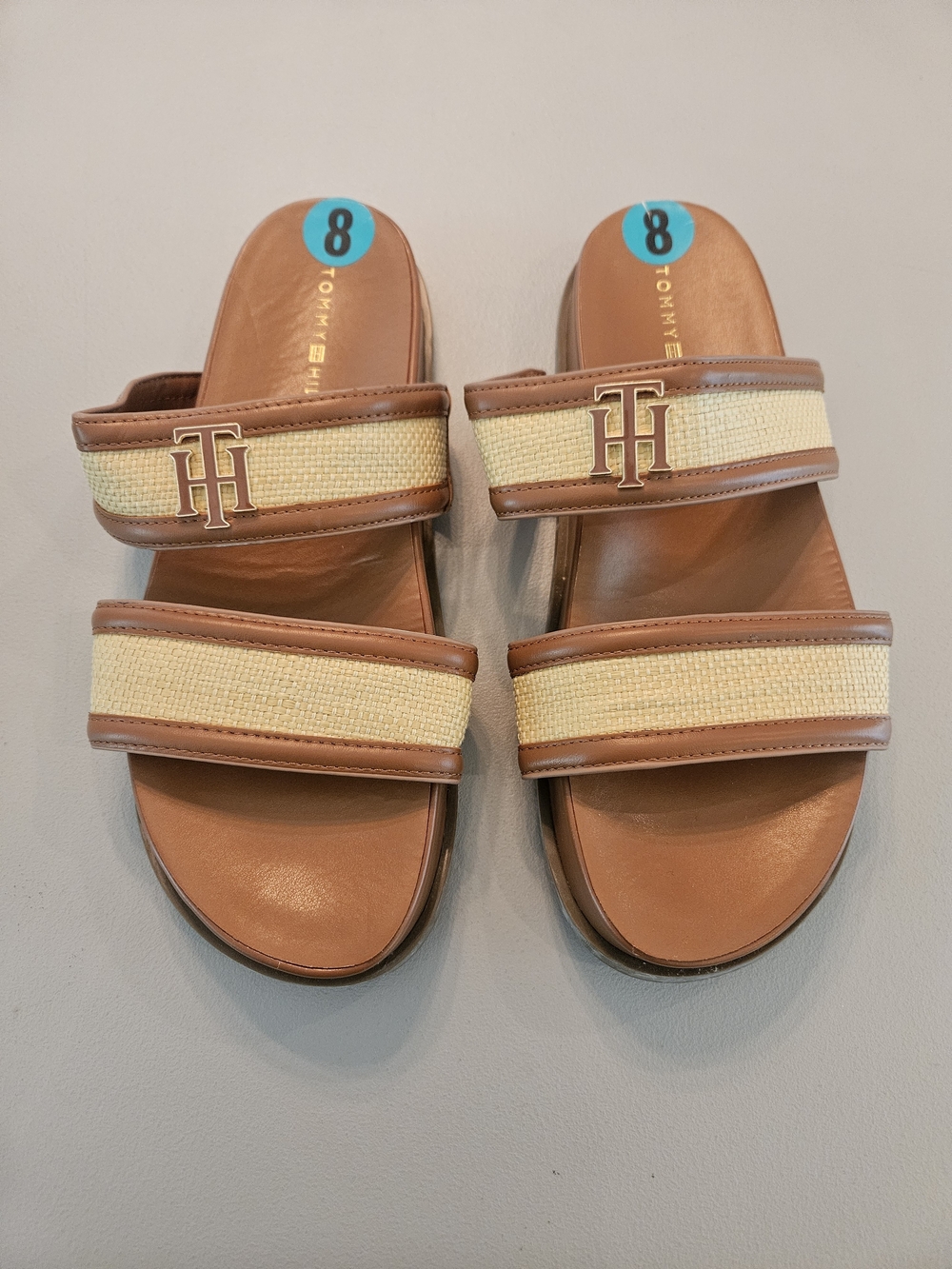NEW No Box Tommy Hilfiger Women's Brown & Wicker Dual-Strap Slide Sandals Logo